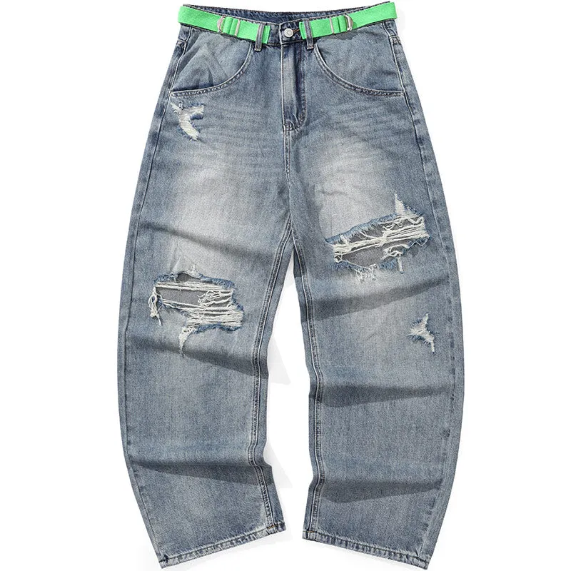 Belted Ripped Loose Straight Denim Jeans