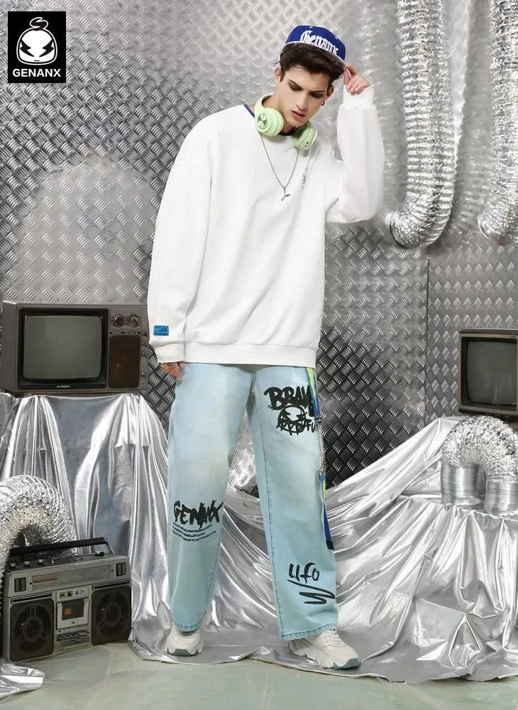 Blue Hip Hop Letter Print Elastic Waist Jeans