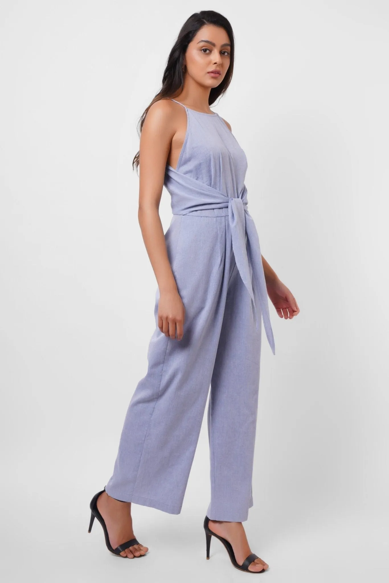 Blue Sleeveless Jumpsuit With Front Knot