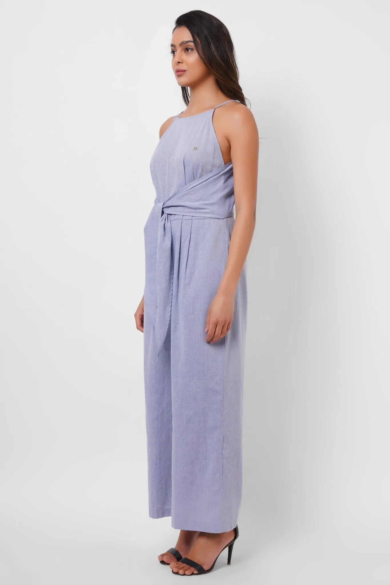 Blue Sleeveless Jumpsuit With Front Knot