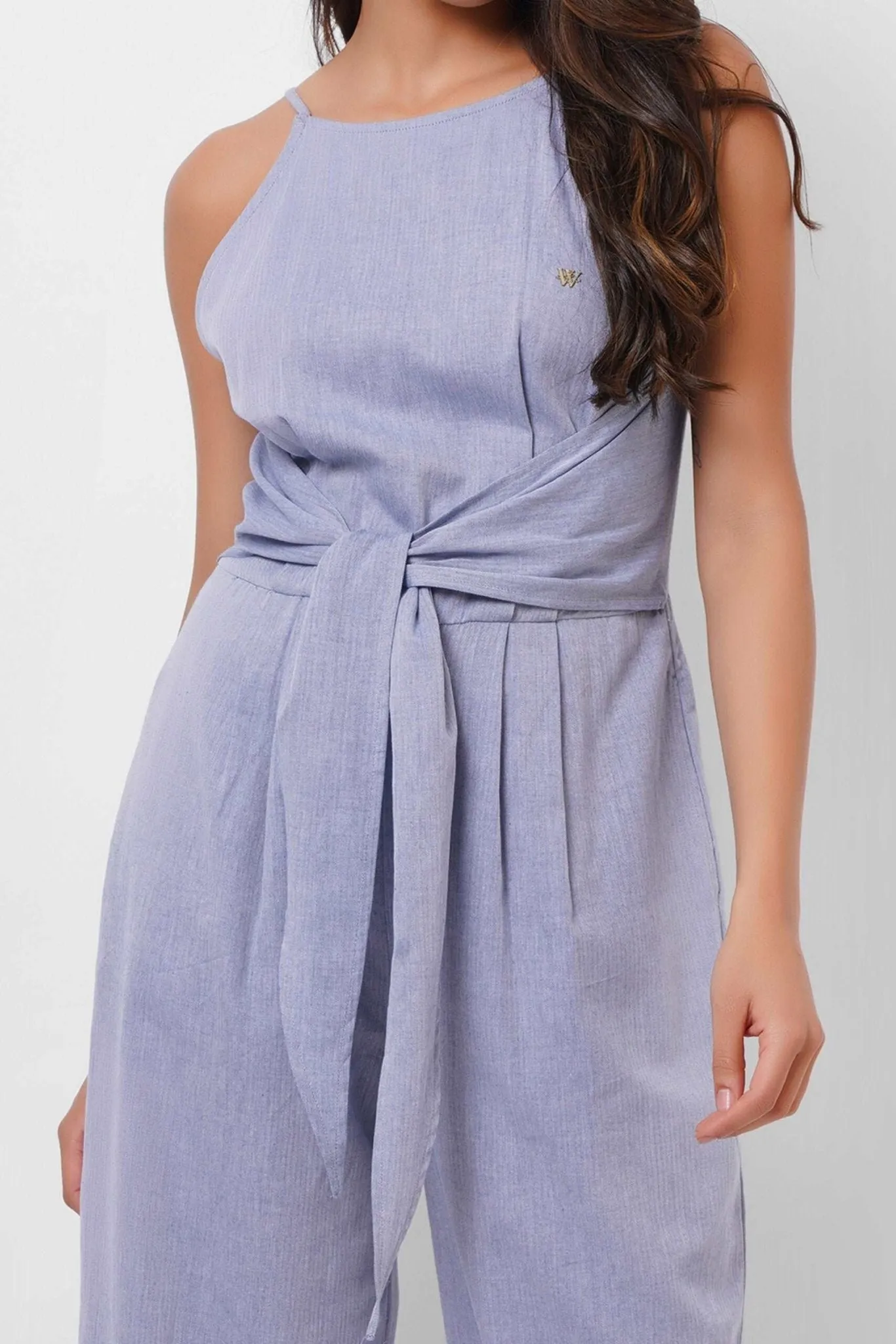 Blue Sleeveless Jumpsuit With Front Knot