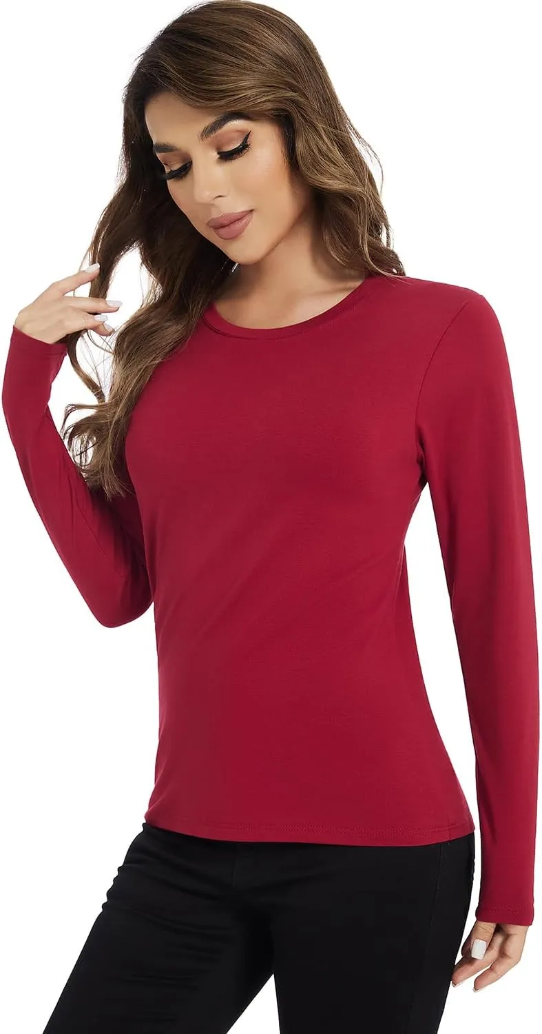 Cosy Pyro Cotton Long Sleeve T Shirt for Women Crew Neck Classic-Fit Workout Shirts Soft Solid Basic Tee