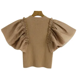 FASHION ORGANZA PATCHWORK KNITTED CROPPED BLOUSE