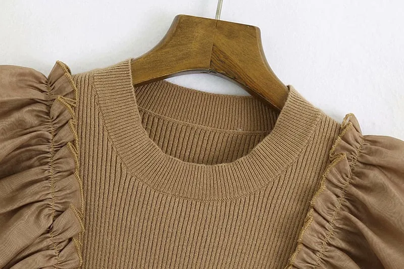 FASHION ORGANZA PATCHWORK KNITTED CROPPED BLOUSE
