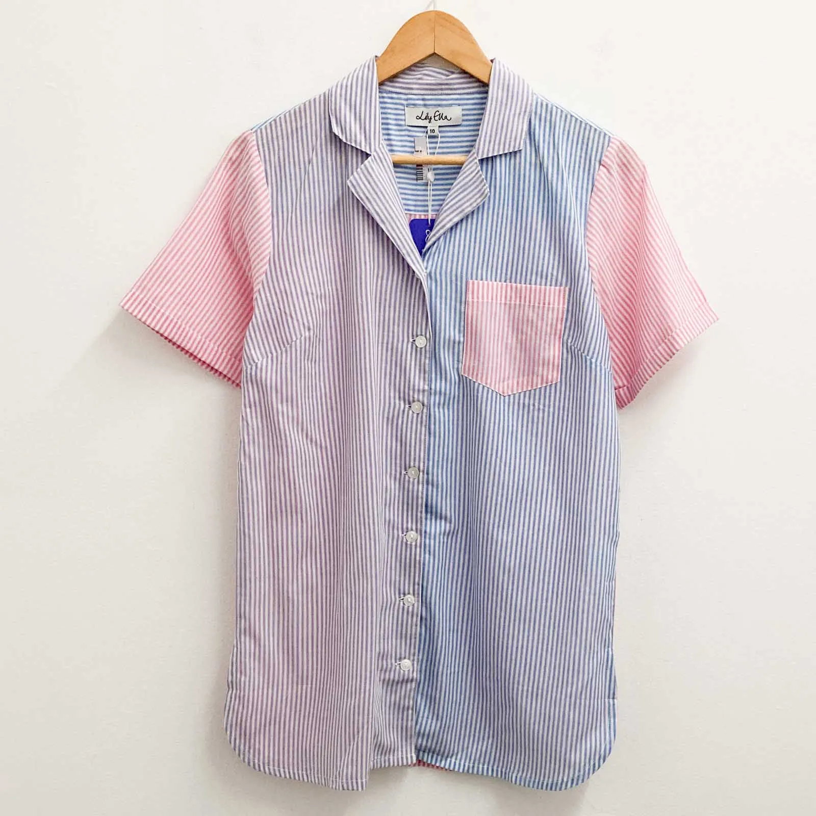 Lily Ella Blue & Pink Striped Short Sleeve Cotton Blouse UK 10