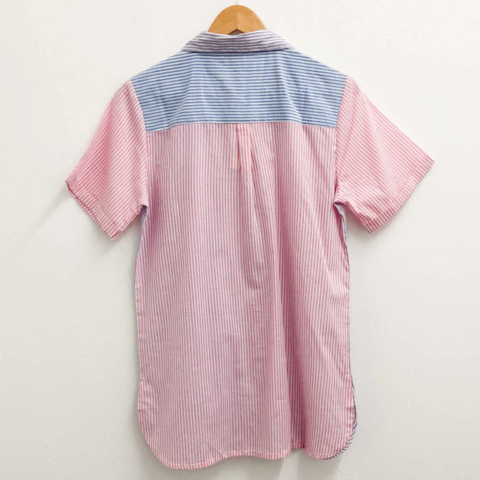 Lily Ella Blue & Pink Striped Short Sleeve Cotton Blouse UK 10