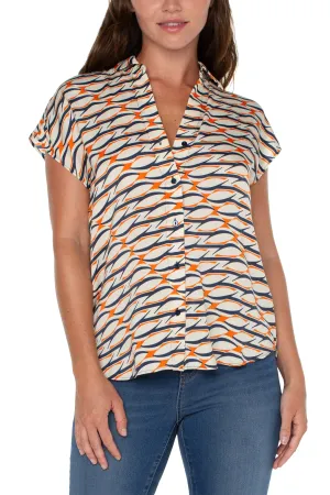Liverpool Dolman Sleeve Blouse With Collar And Button Front In Lava Geo