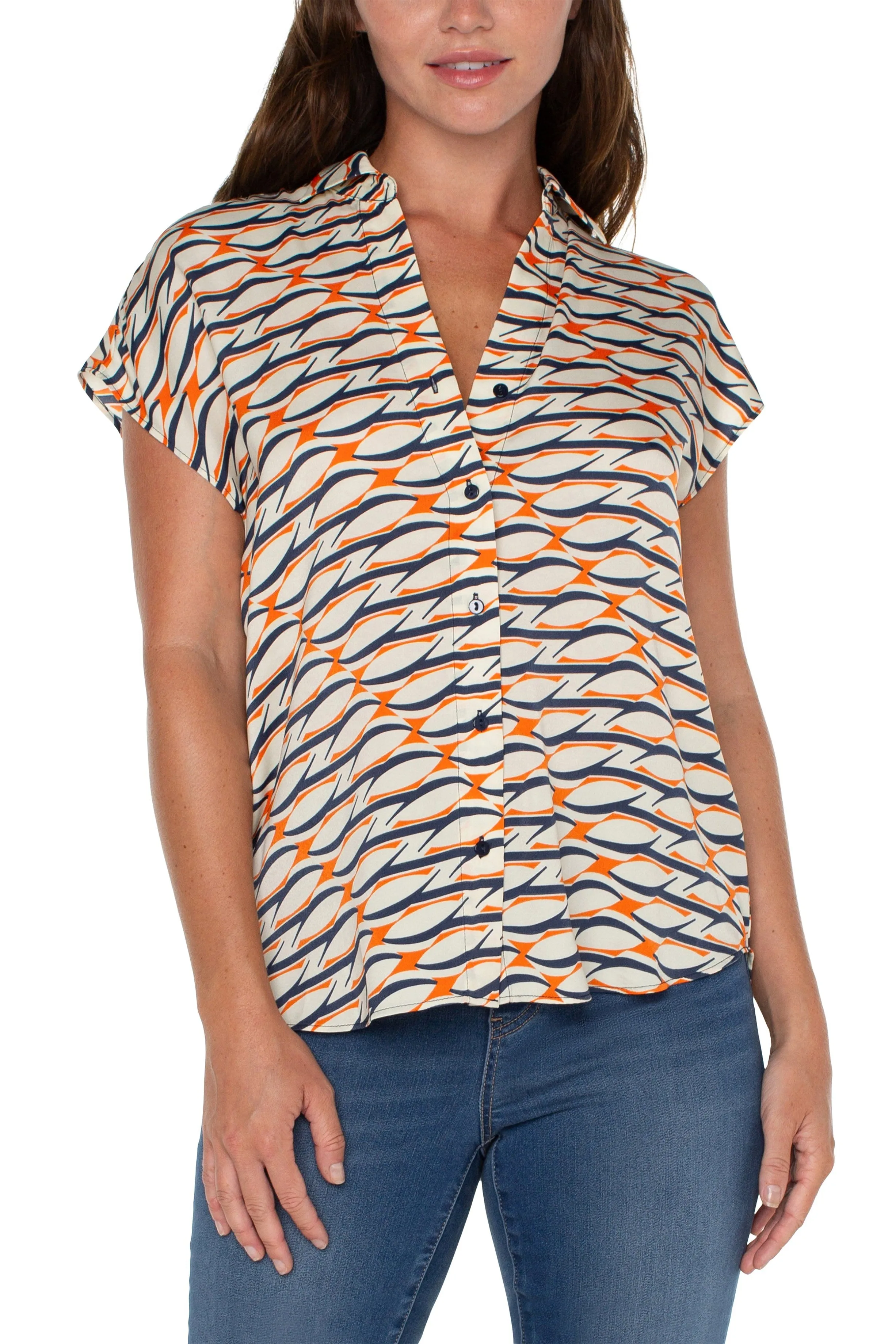Liverpool Dolman Sleeve Blouse With Collar And Button Front In Lava Geo