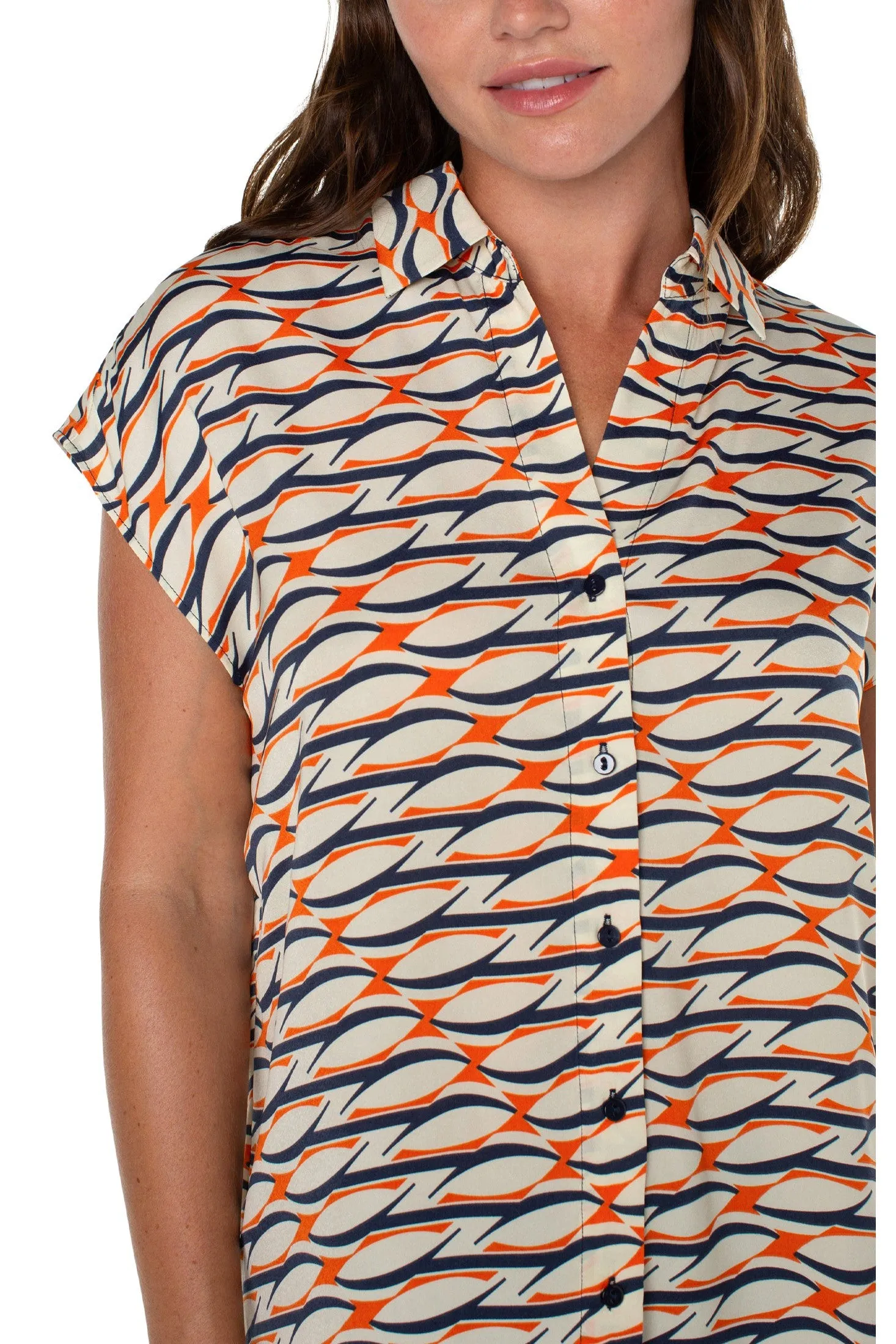 Liverpool Dolman Sleeve Blouse With Collar And Button Front In Lava Geo