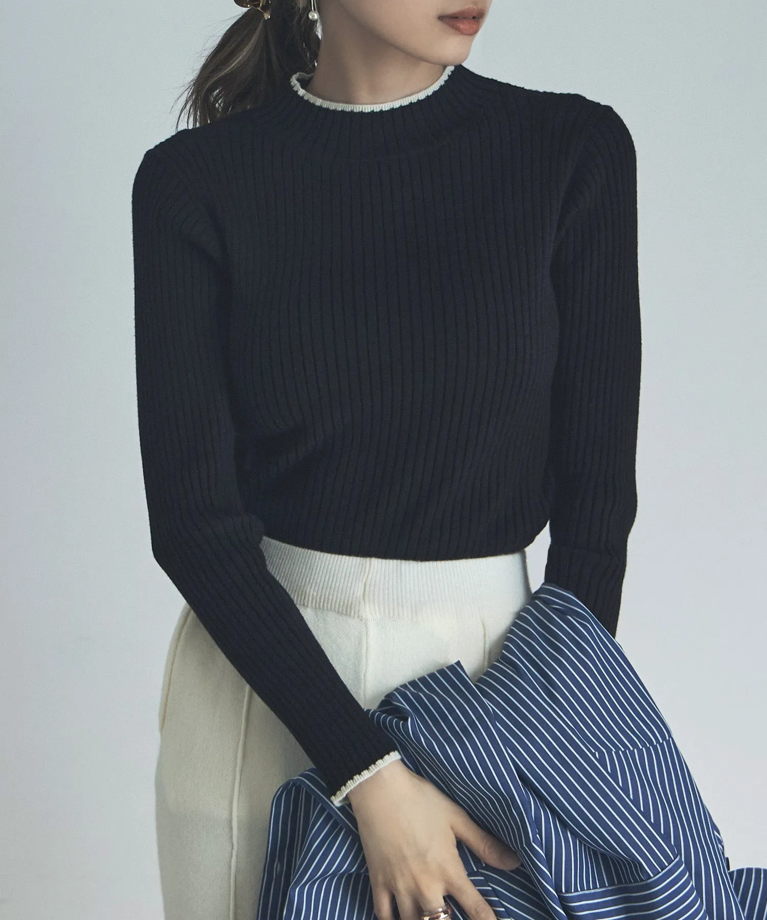 Ringer neck long sleeve rib knit