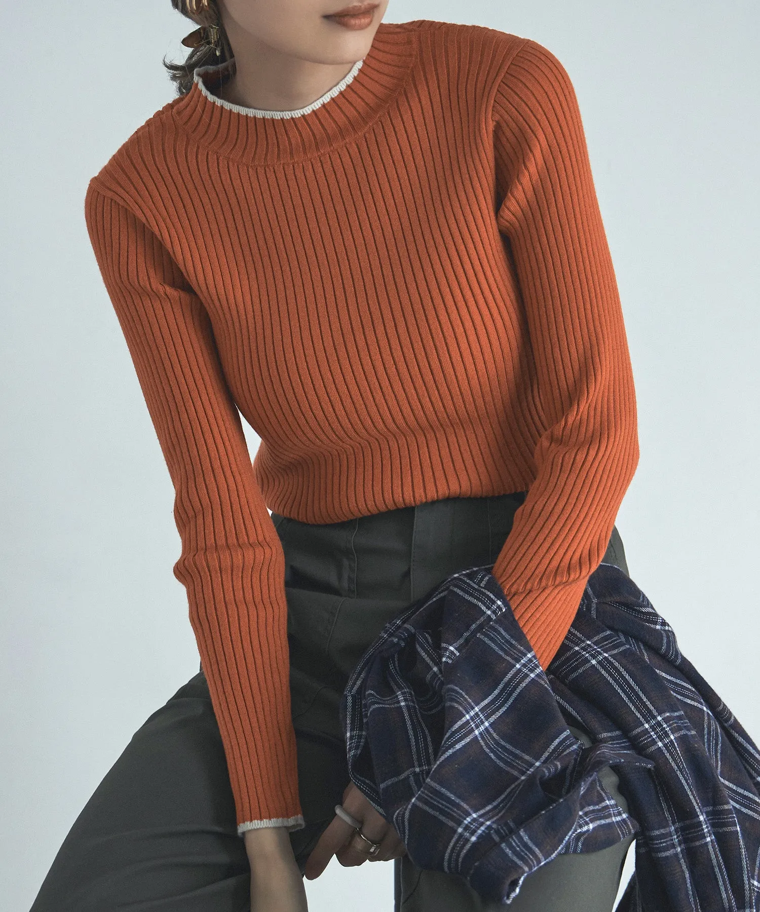 Ringer neck long sleeve rib knit