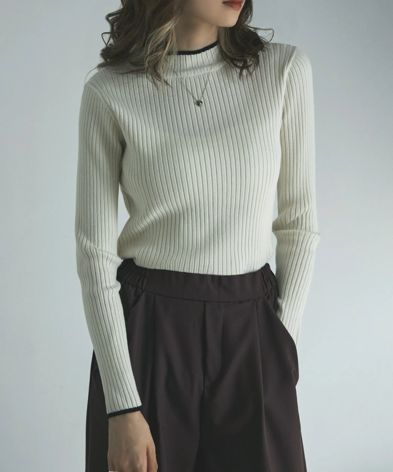 Ringer neck long sleeve rib knit