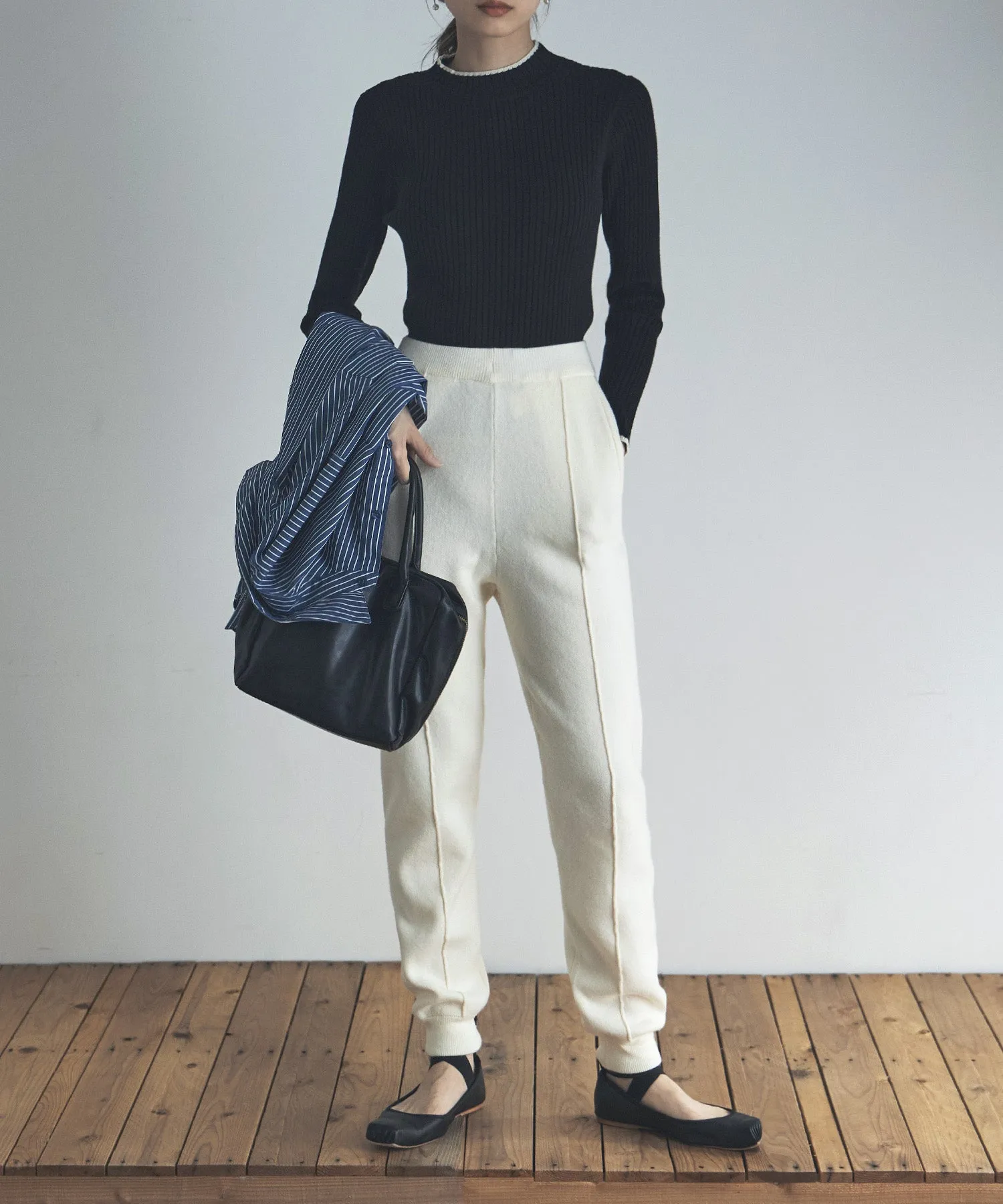 Ringer neck long sleeve rib knit
