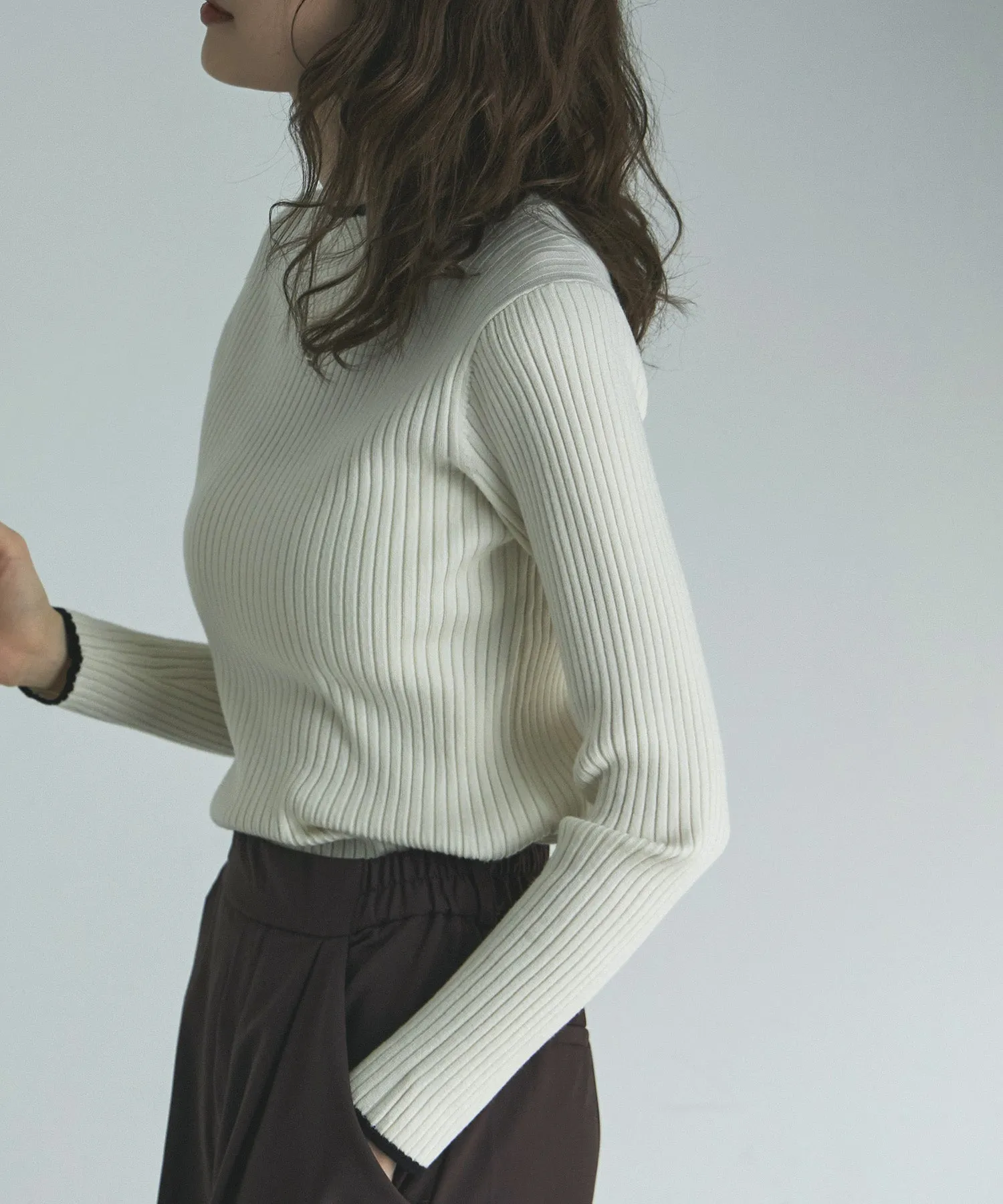 Ringer neck long sleeve rib knit