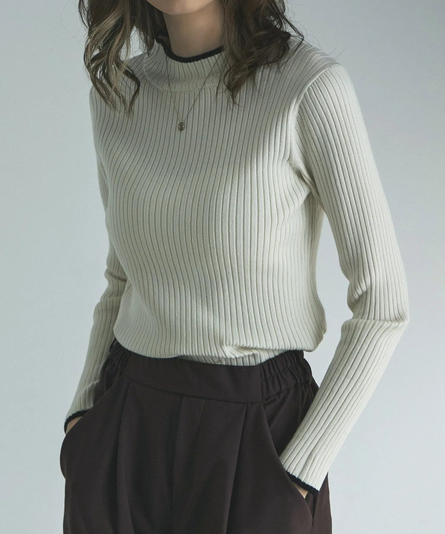 Ringer neck long sleeve rib knit