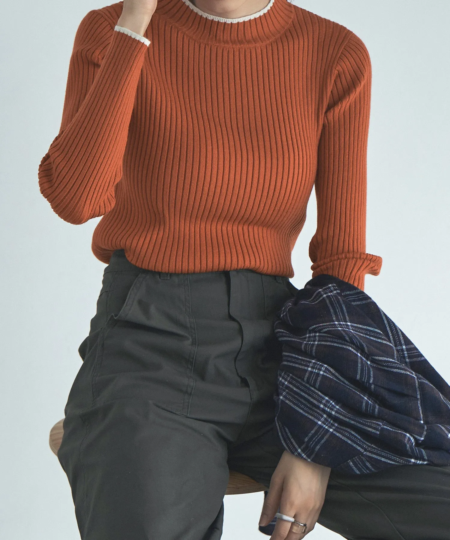 Ringer neck long sleeve rib knit
