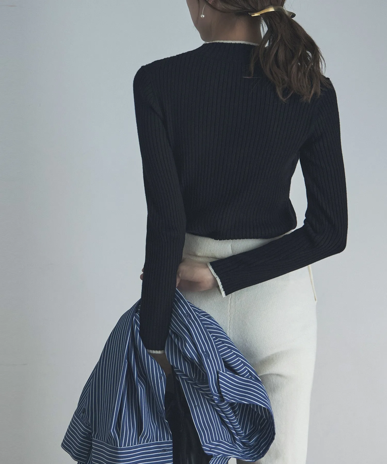 Ringer neck long sleeve rib knit