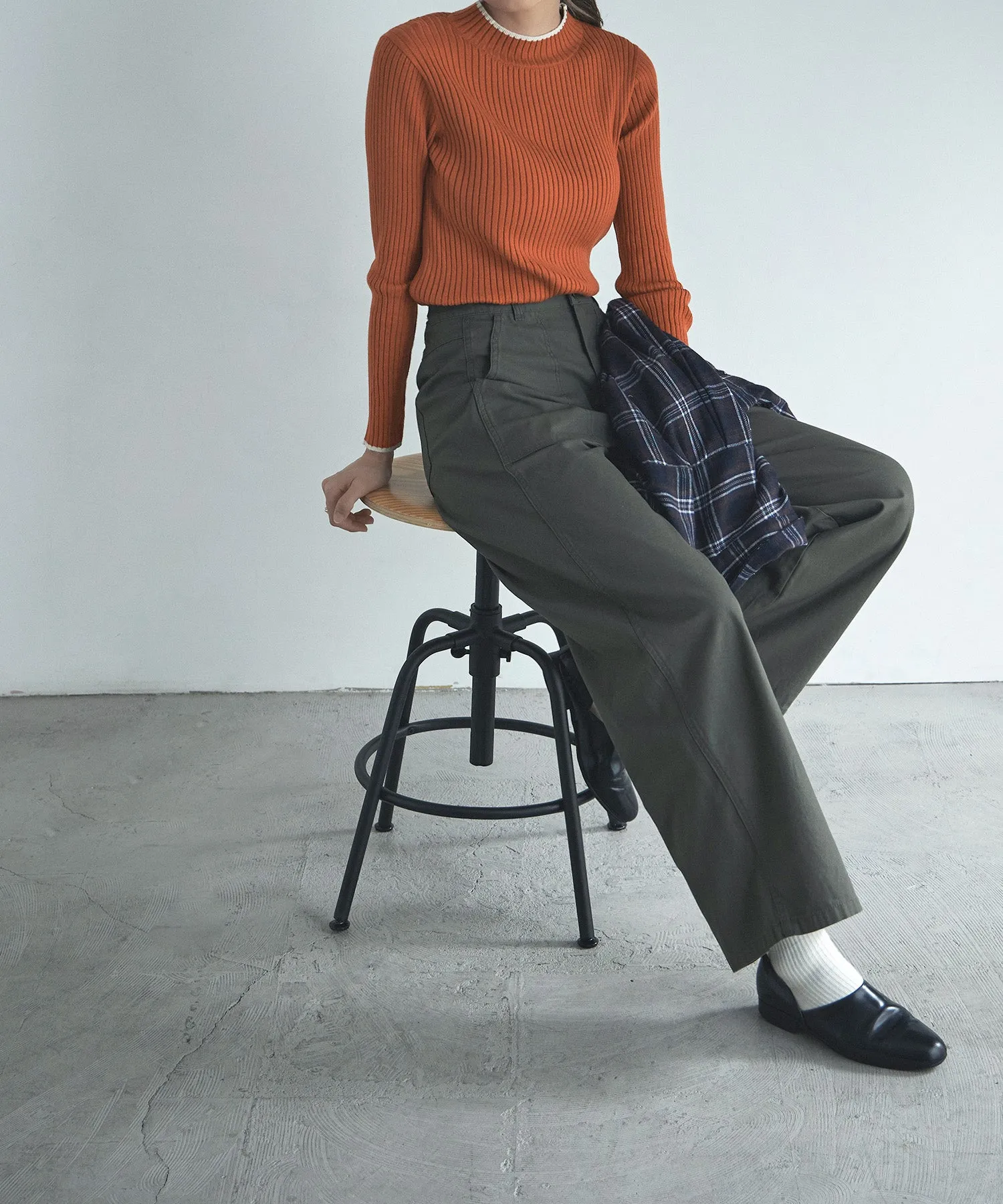 Ringer neck long sleeve rib knit