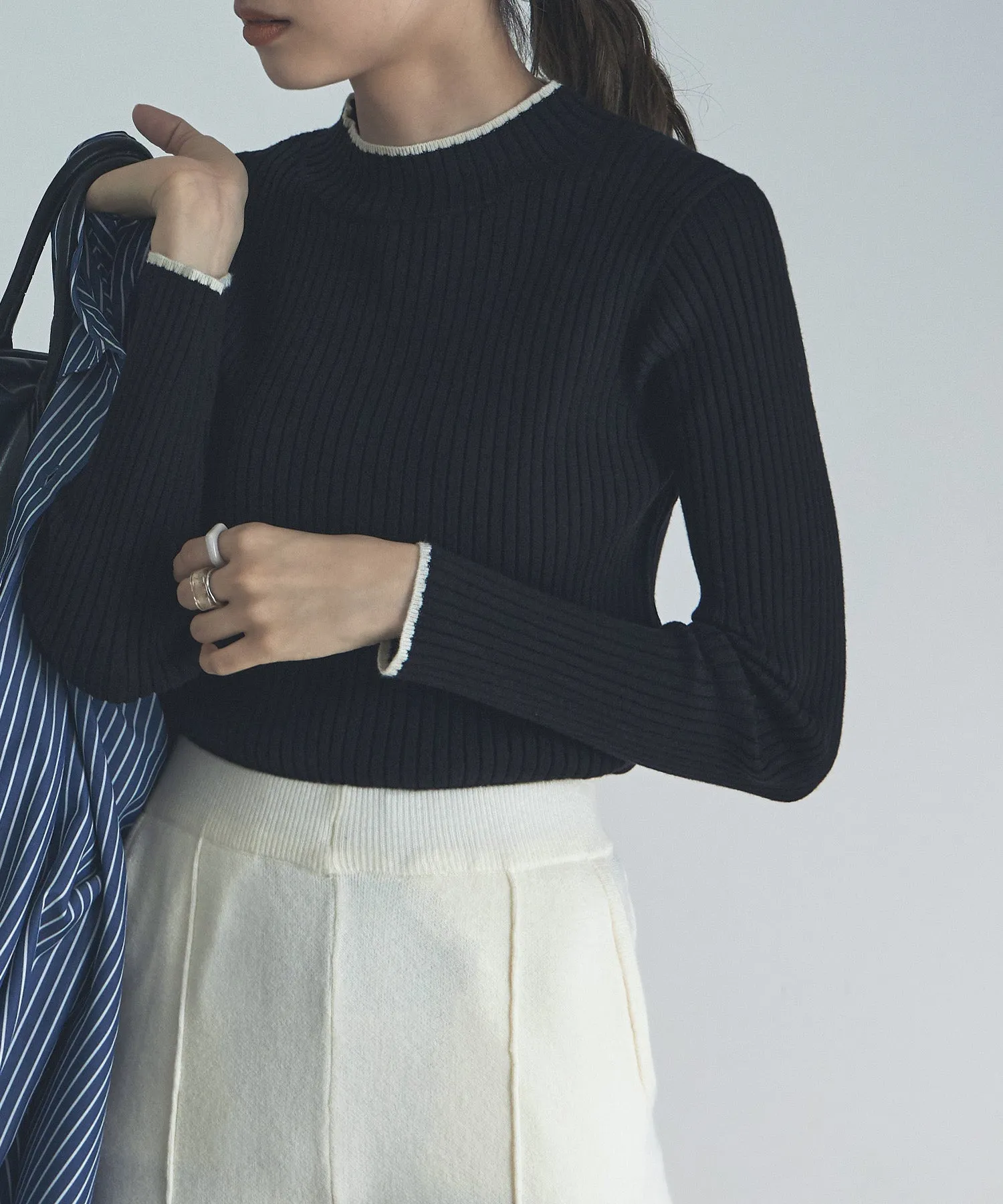 Ringer neck long sleeve rib knit