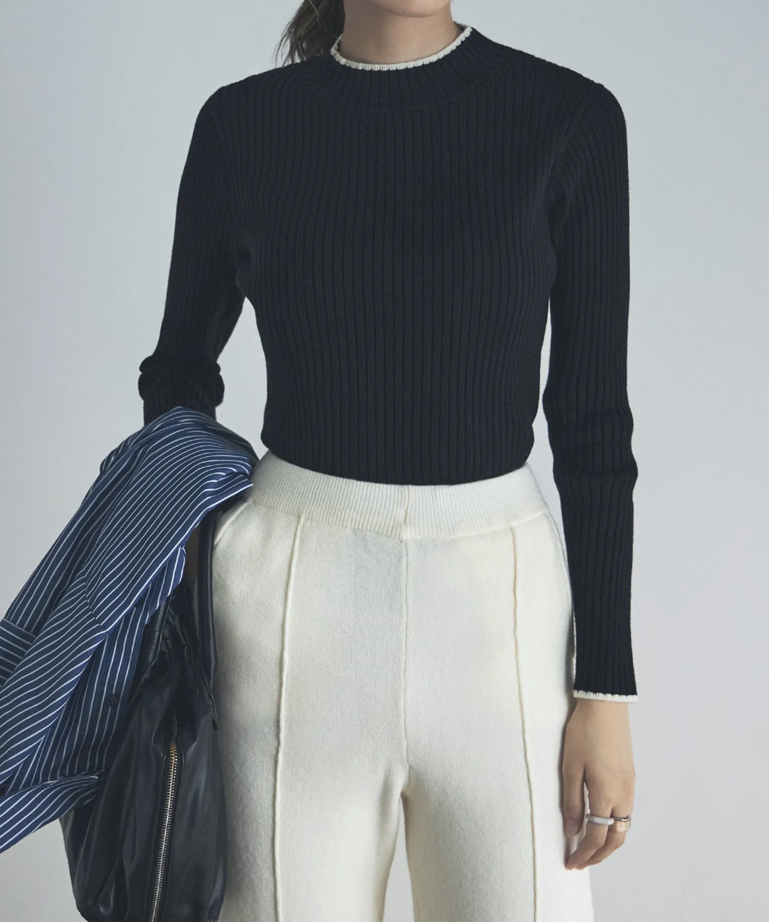 Ringer neck long sleeve rib knit