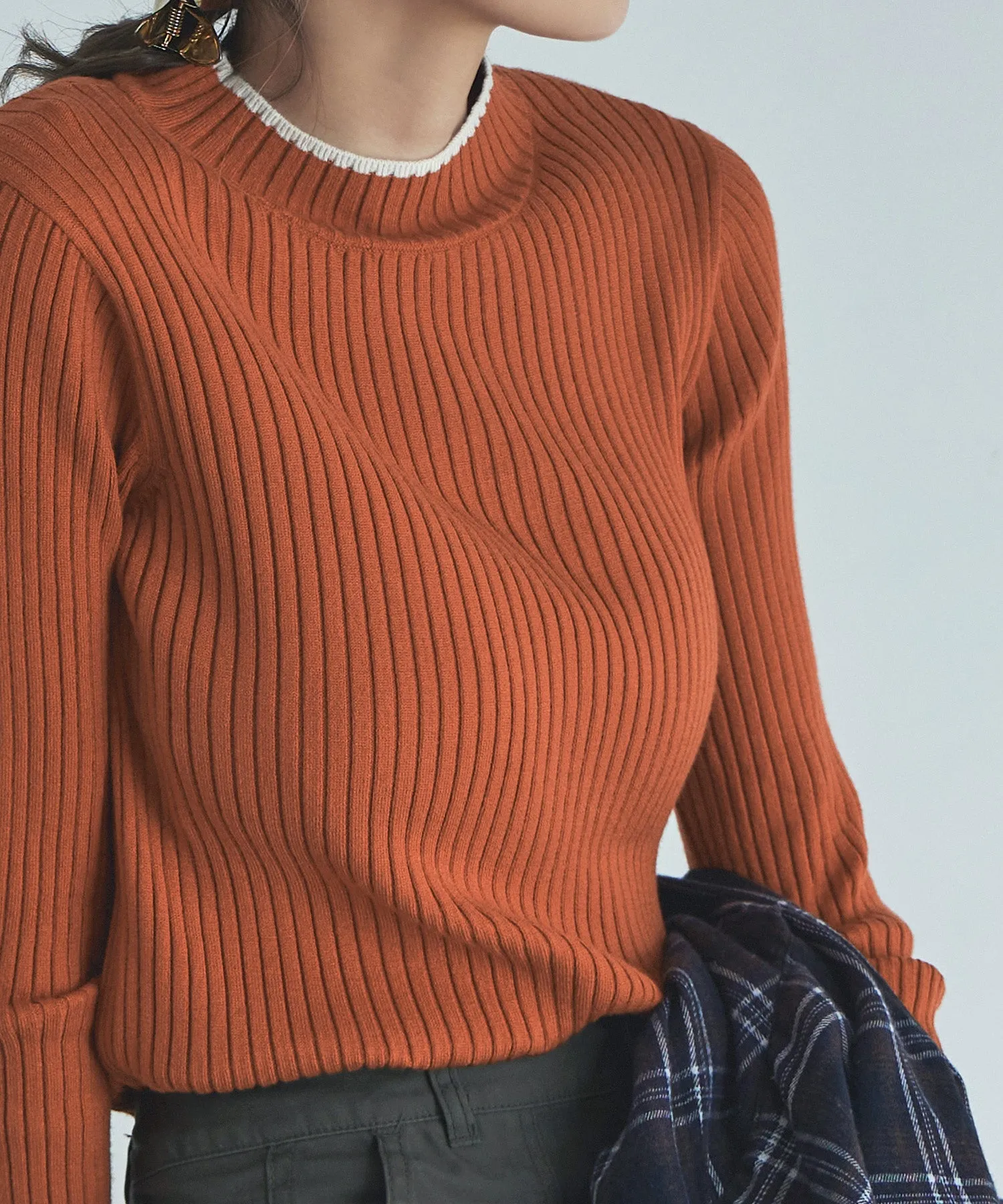 Ringer neck long sleeve rib knit