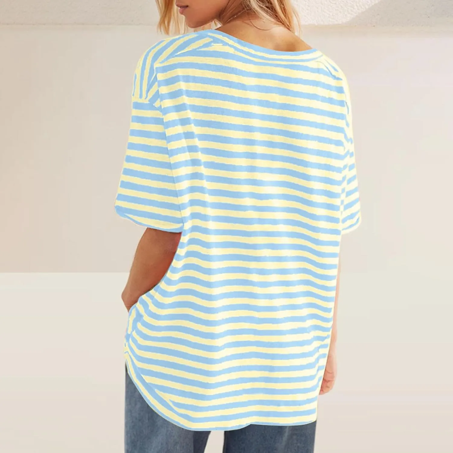 Women Oversized T Shirt Striped Short Sleeve V Neck Tee Shirt Casual Loose Drop Shoulder Summer Tops Outfits