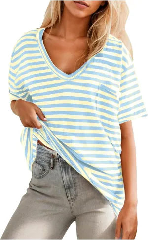 Women Oversized T Shirt Striped Short Sleeve V Neck Tee Shirt Casual Loose Drop Shoulder Summer Tops Outfits