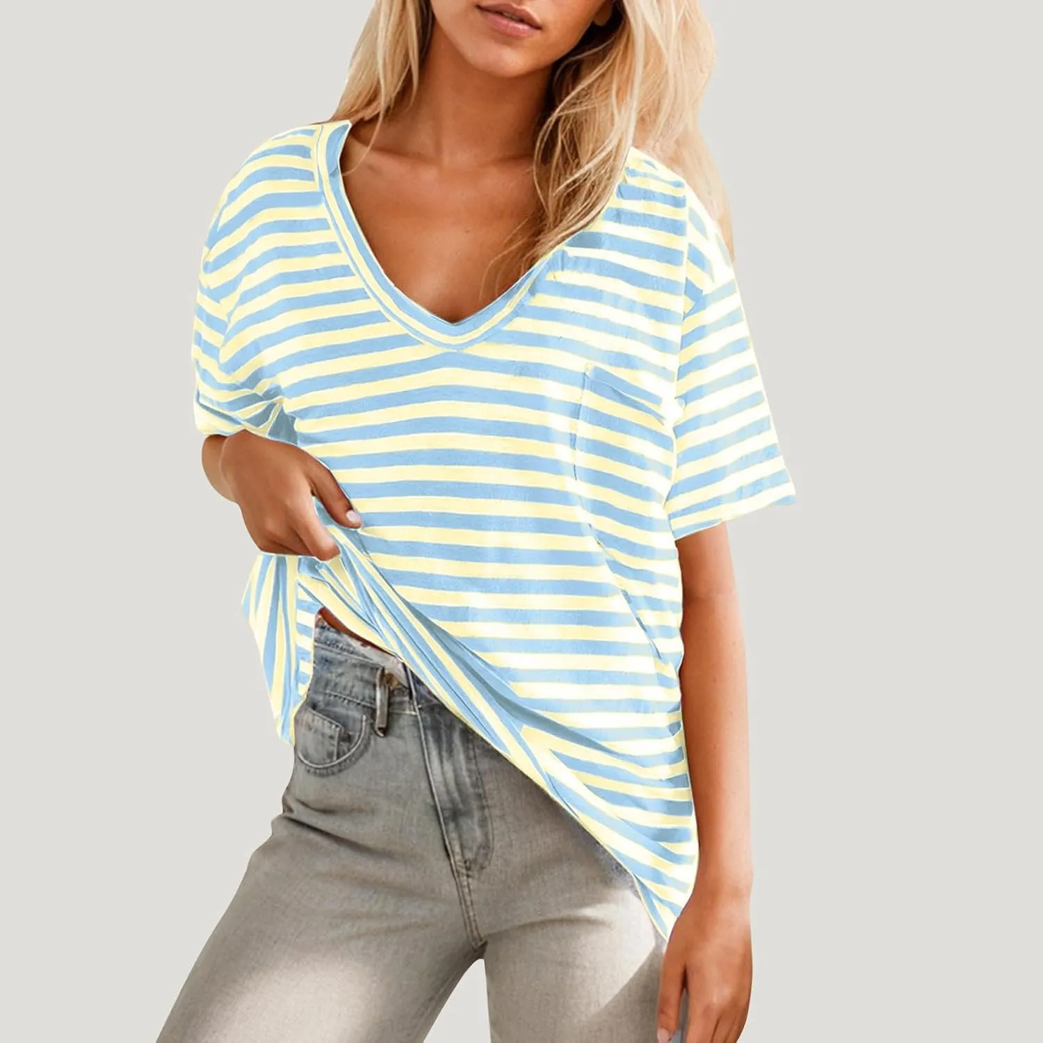 Women Oversized T Shirt Striped Short Sleeve V Neck Tee Shirt Casual Loose Drop Shoulder Summer Tops Outfits