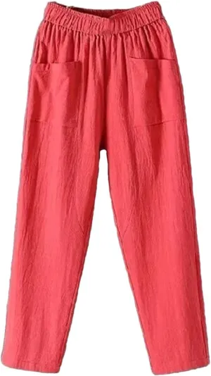 Women's Casual Cotton Linen Harem Pants Loose Fit Slimming Straight Leg Pants with Pockets