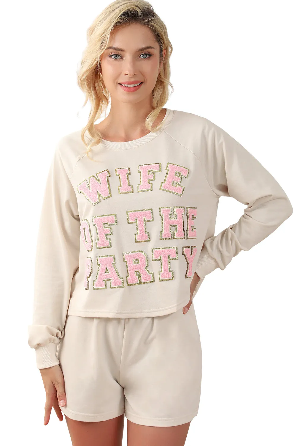 Womens Pajamas with Slogan | Apricot Letter Print Long Sleeve Top and Shorts Lounge Outfit